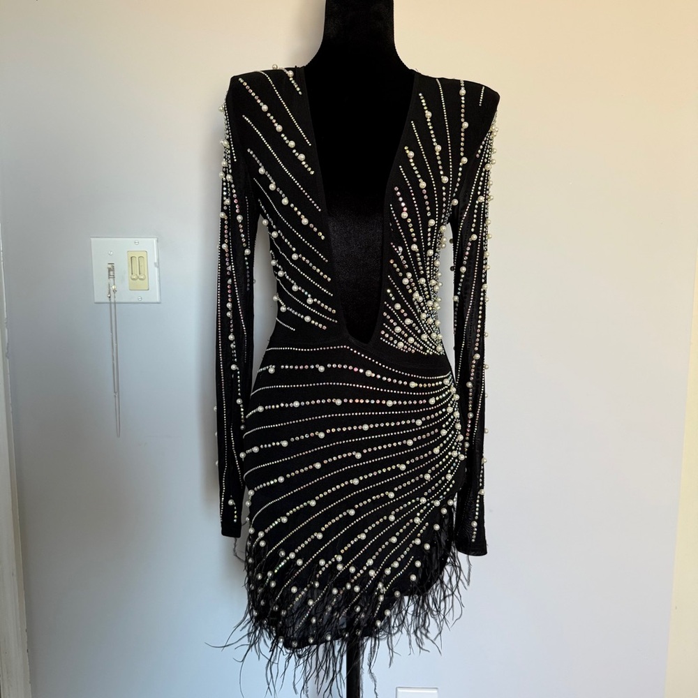Black Embellished Deep V Mini Dress - Picture 3 of 14